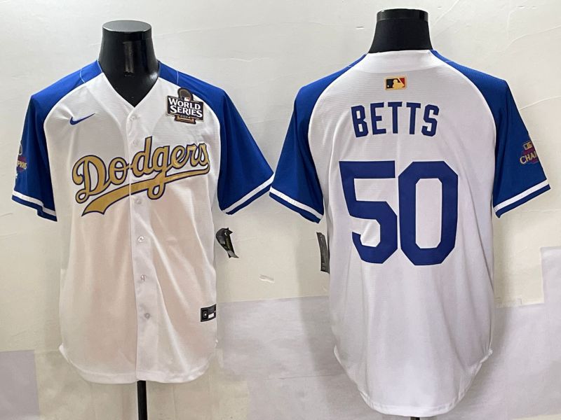 Men Los Angeles Dodgers #50 Betts White Blue Champion gold character Nike 2025 MLB Jersey style 5055->los angeles dodgers->MLB Jersey
